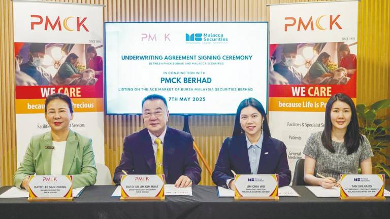 From left: Lee, deputy executive chairman Datuk Dr Lim Kim Huat, Malacca Securities managing director Lim Chia Wei, and corporate finance vice-president Tan Sin Jiang at the underwriting ceremony.