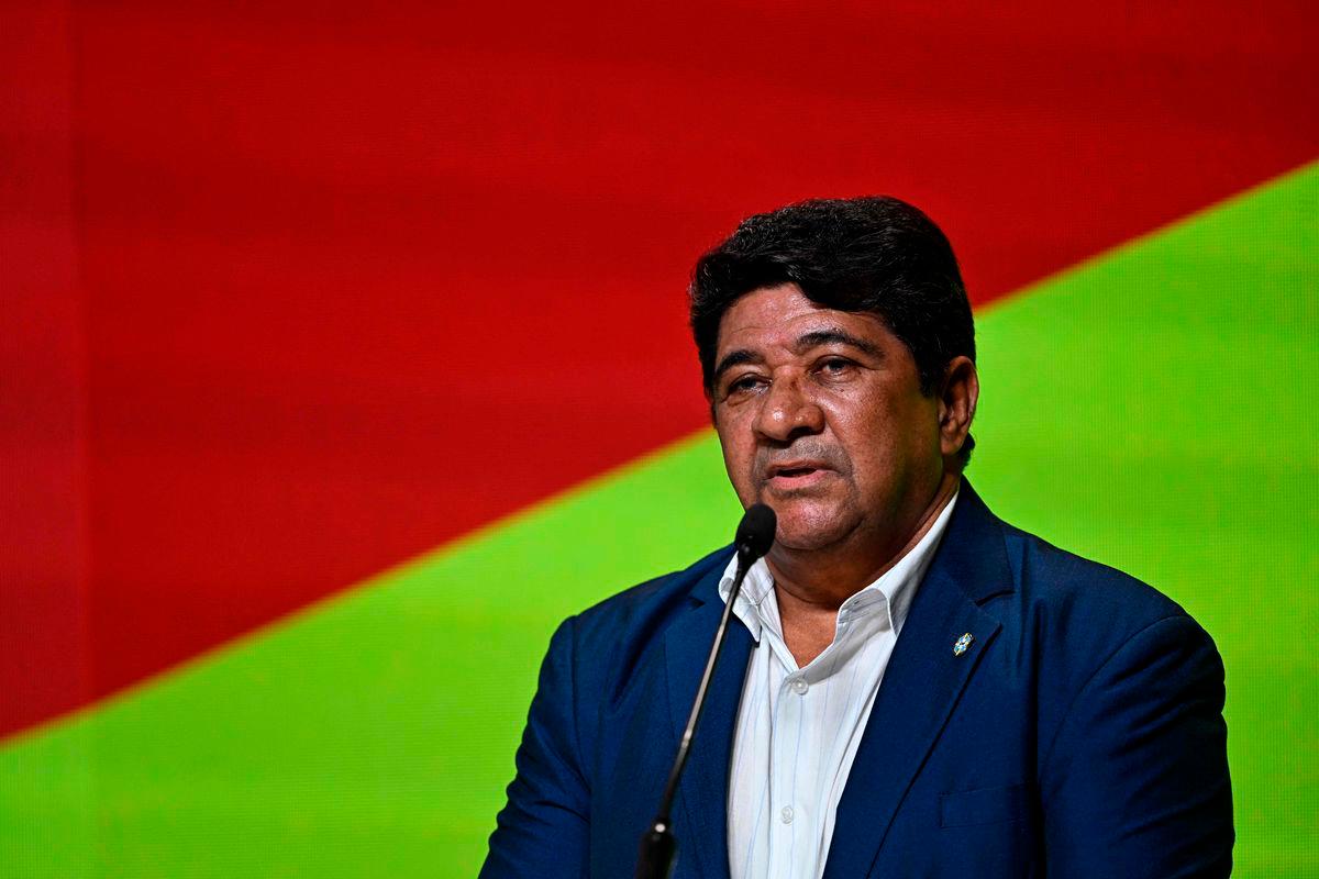 Brazil’s Football Confederation president Ednaldo Rodrigues delivers a speech during a press conference in Rio de Janeiro, Brazil on May 10, 2024. AFPpix